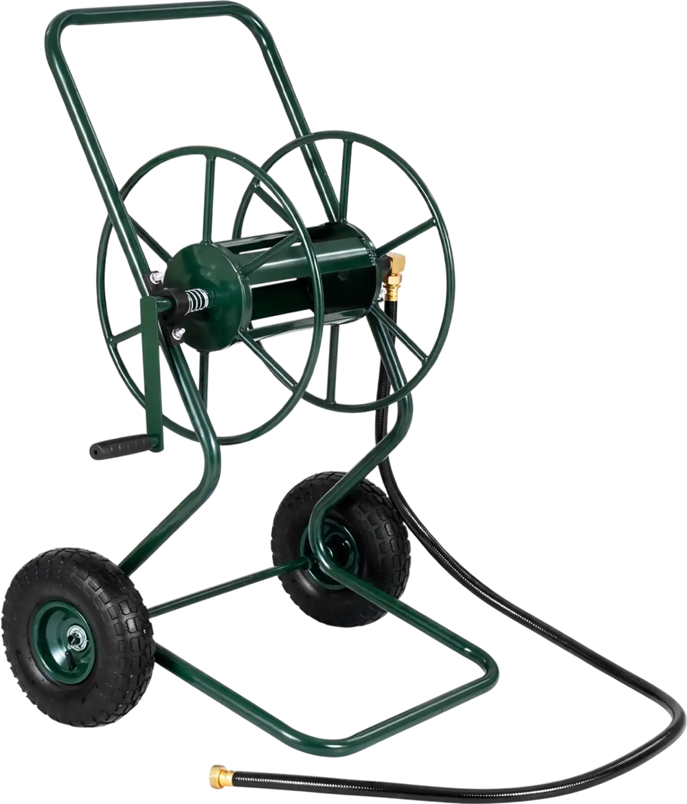 Heavy duty garden hose reel cart in green holds up to 300 FT of 5/8" hose, featuring pneumatic tires for easy maneuverability.