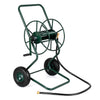 Heavy duty garden hose reel cart in green with pneumatic tires, holds up to 300 FT of 5/8" hose for easy maneuverability.