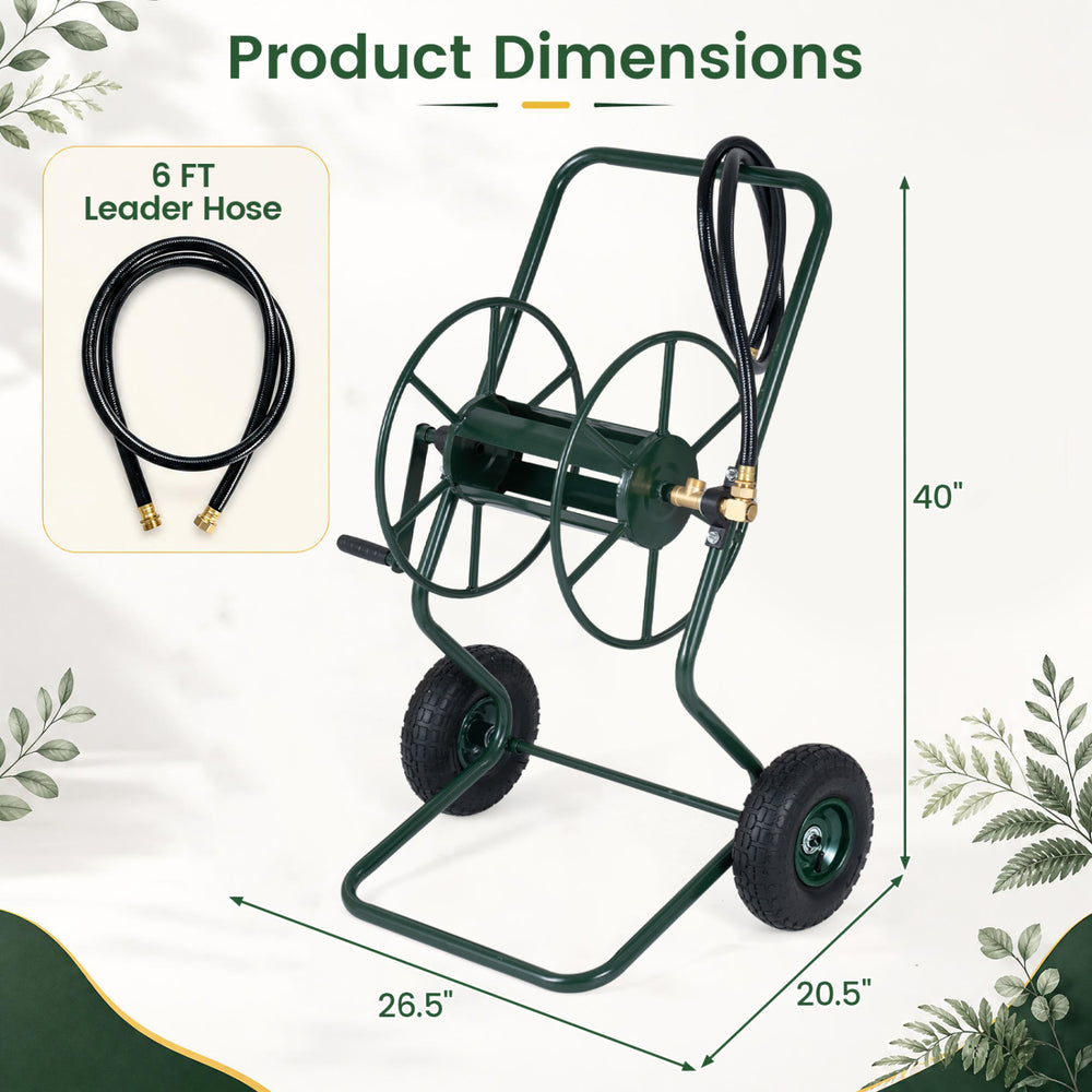 Heavy duty garden hose reel cart in green holds up to 300 FT of hose, featuring pneumatic tires for easy maneuverability.