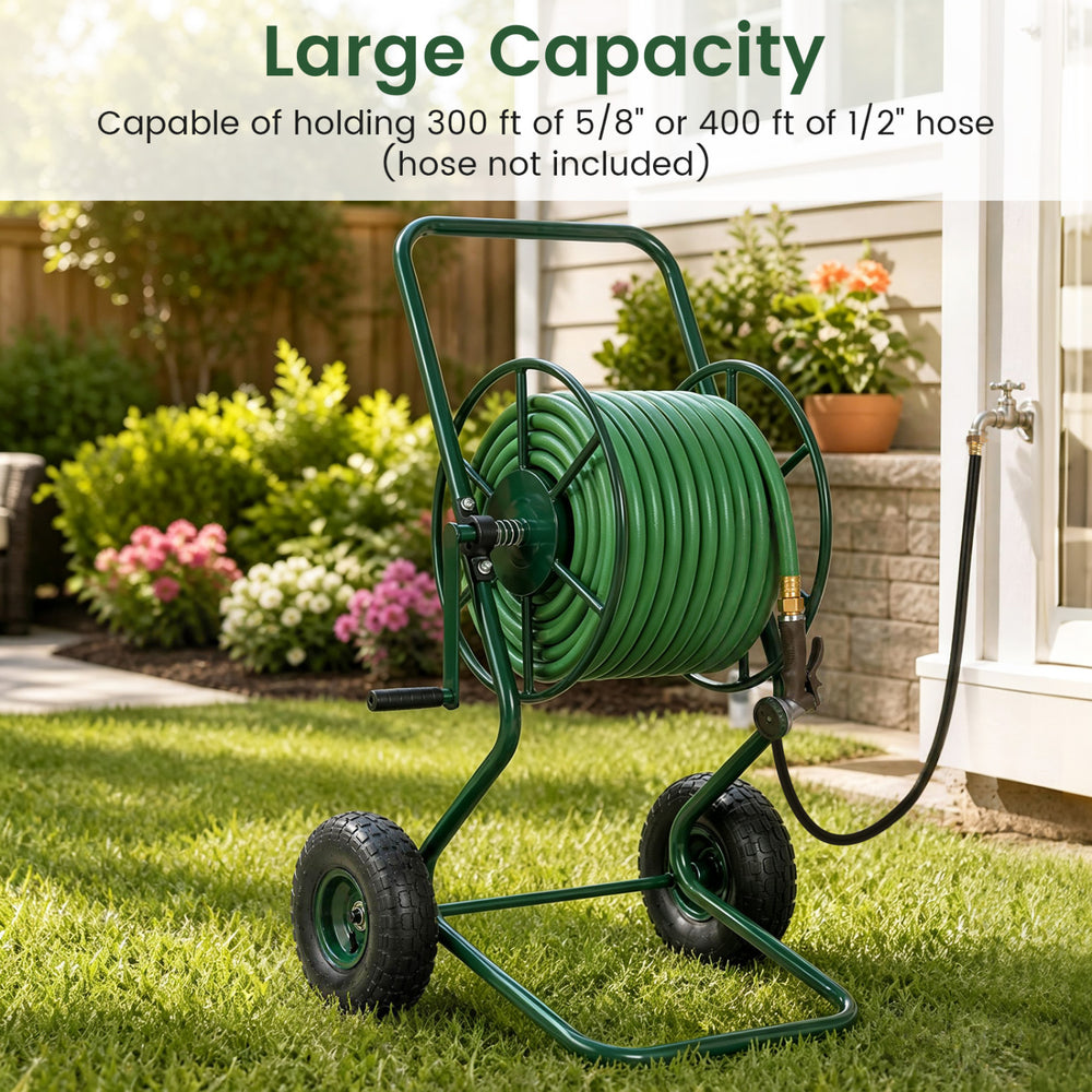 Heavy duty garden hose reel cart in green holds up to 300 ft of 5/8" hose, ideal for large outdoor spaces.