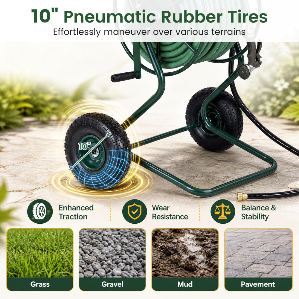 10-inch pneumatic rubber tires provide enhanced traction and stability for the heavy-duty garden hose reel cart.