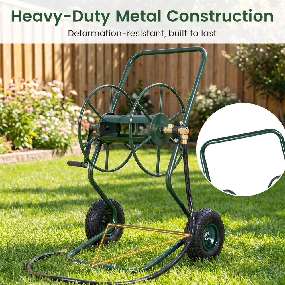 Heavy-duty garden hose reel cart in green with pneumatic tires, holding up to 300 FT of 5/8" hose for easy maneuvering.