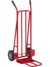 Heavy duty red hand truck dolly with dual foldable nose plates, supports up to 660 lbs for versatile moving tasks.