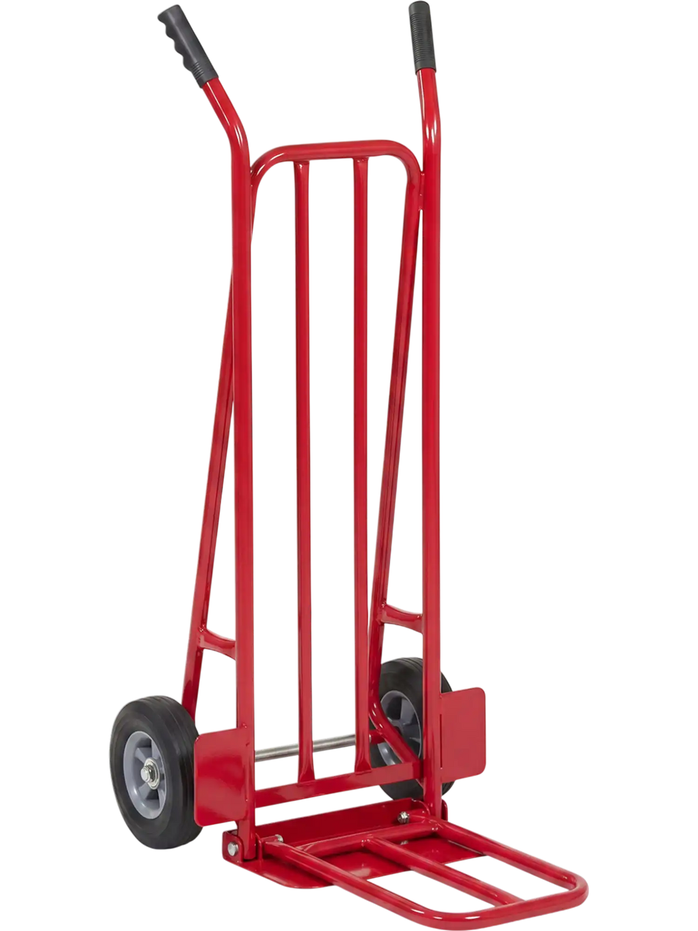 Heavy duty red hand truck dolly with dual foldable nose plates, supports up to 660 lbs for versatile moving tasks.