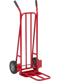 Heavy duty red hand truck dolly with dual foldable nose plates, supports up to 660 lbs for versatile moving tasks.