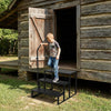 Heavy duty black hot tub stair with wide anti-slip platforms, designed for secure access to porches and mobile homes.
