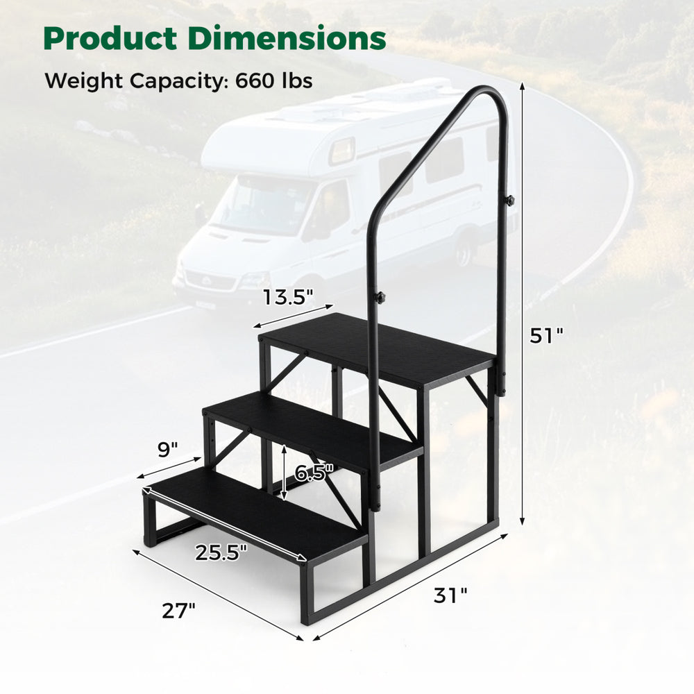 Heavy duty black hot tub stair with three wide anti-slip platforms and customizable handrail for secure access.