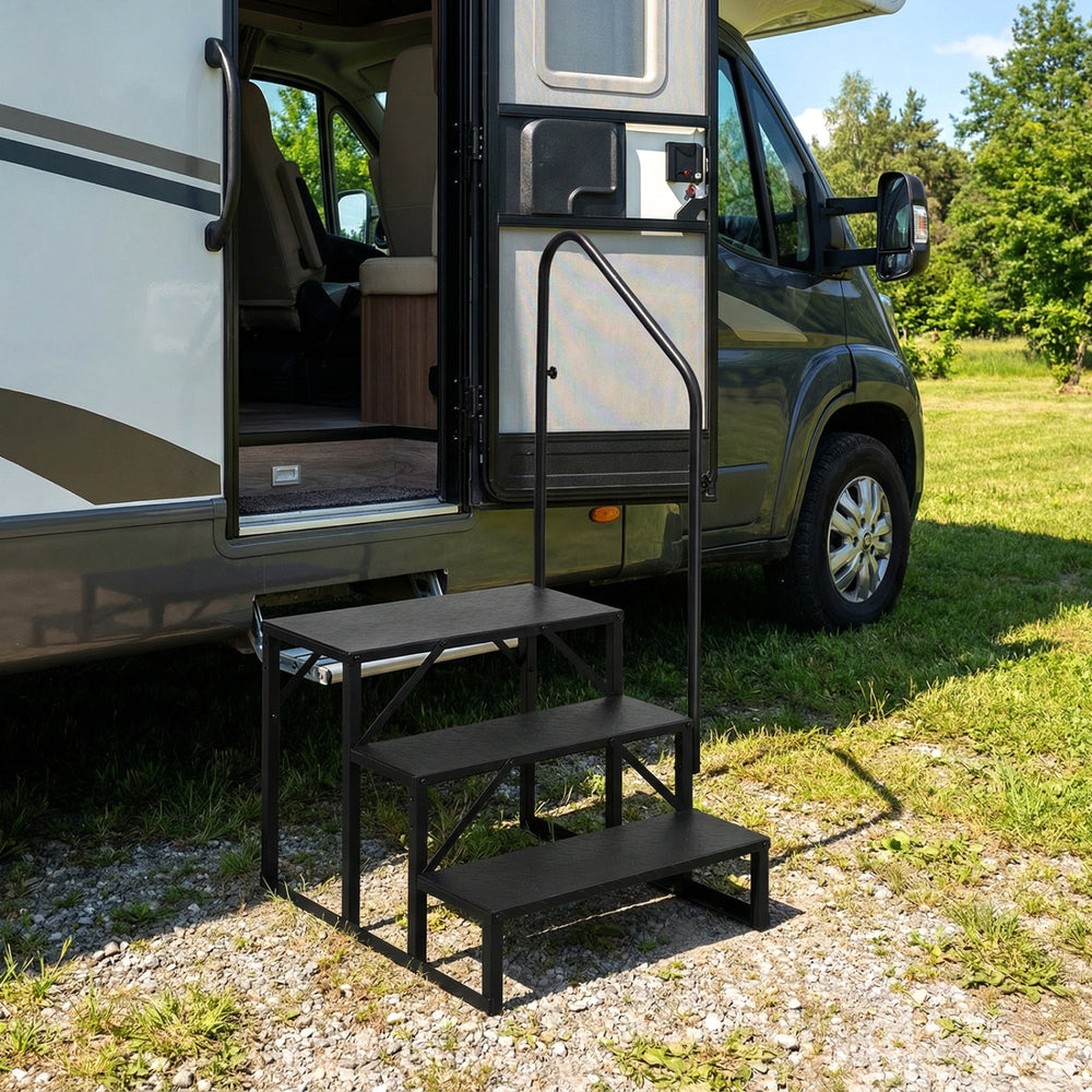 Heavy duty black metal stair with wide anti-slip platforms, designed for RVs and hot tubs, providing secure access.