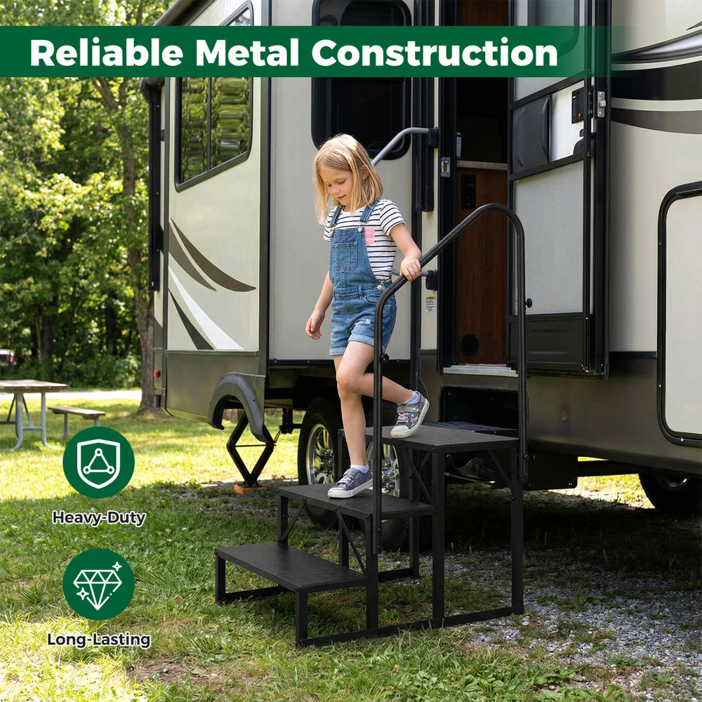 Heavy-duty black metal hot tub stair with wide anti-slip platform, designed for secure use and versatile applications.