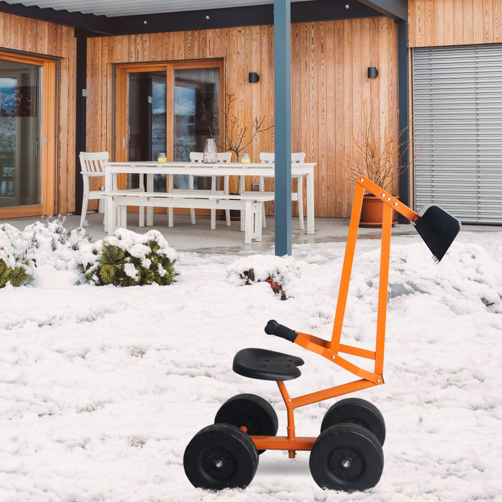 Heavy duty kid ride-on sand digger with sturdy steel frame and rubber handle, perfect for outdoor play and coordination.