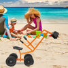 Heavy duty kid ride-on sand digger with a sturdy steel frame and 360-degree rotatable seat, perfect for beach play.