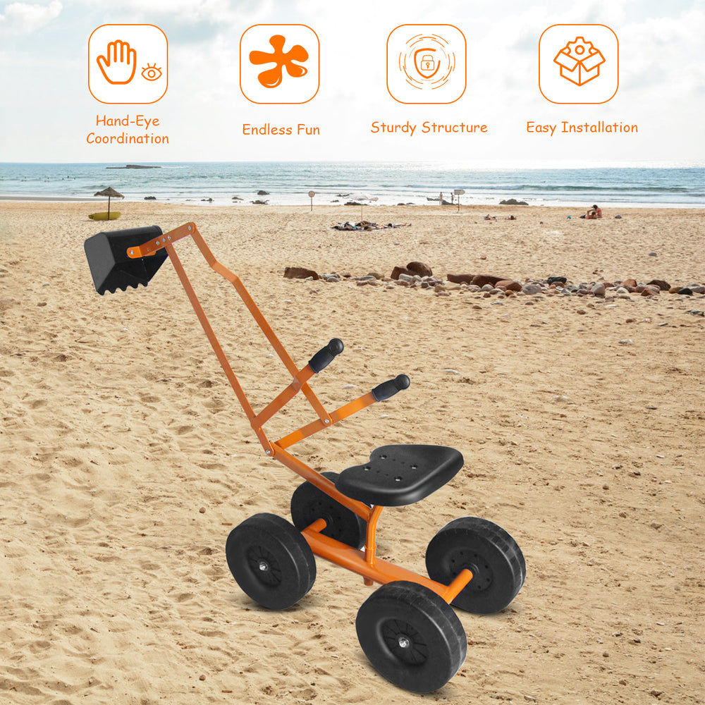 Heavy duty kid ride-on sand digger with sturdy steel frame and rubber handle, perfect for beach play and coordination.