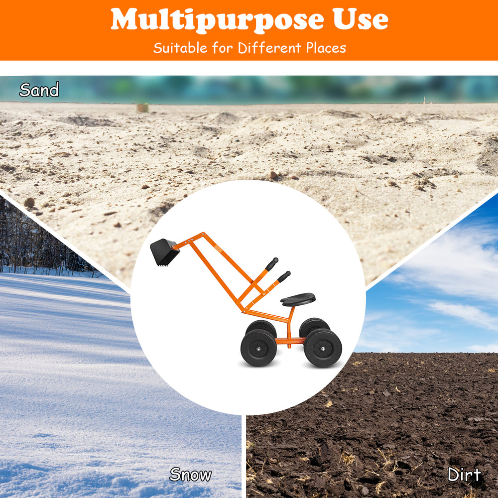 Heavy duty kid ride-on sand digger with sturdy steel frame, rubber handle, and 360-degree rotatable seat for outdoor.