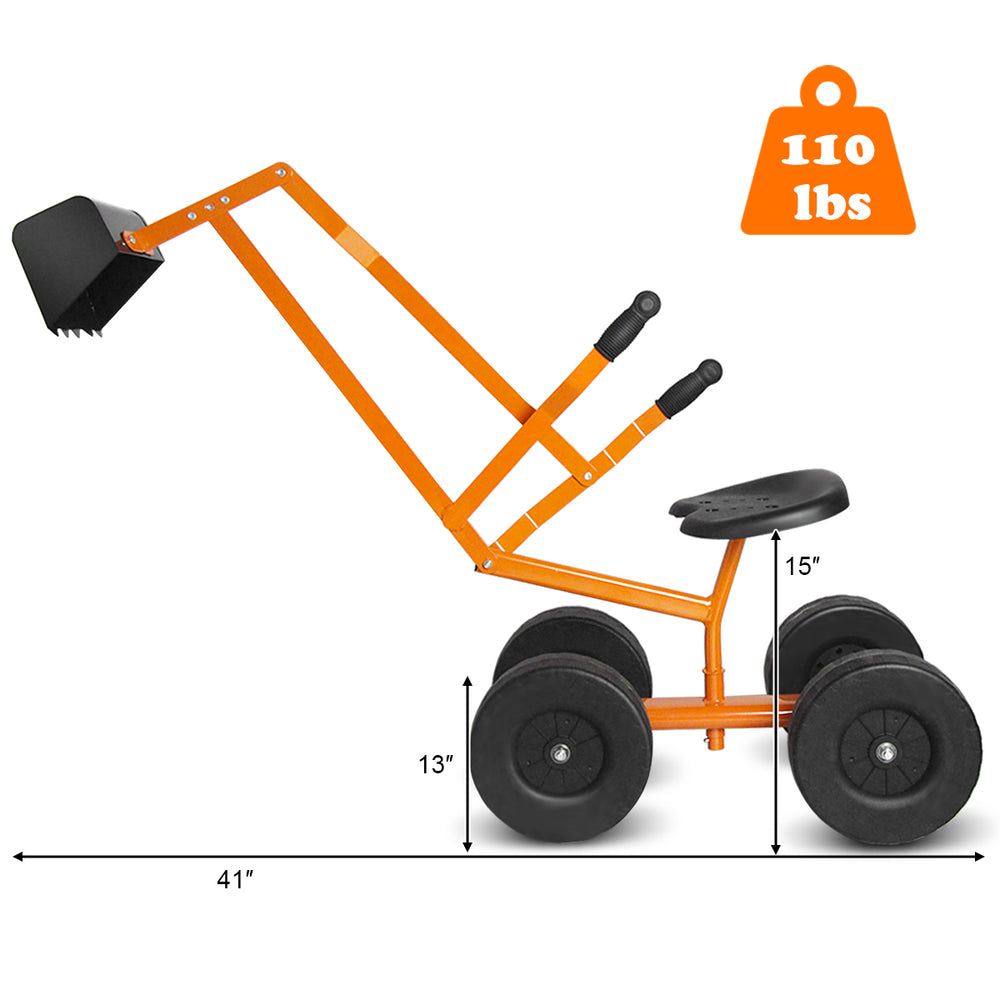 Heavy duty kid ride-on sand digger with a sturdy steel frame, 360-degree rotatable seat, and rubber handles for easy.