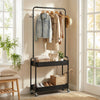 Heavy-duty black laundry cart with hanging rod, two storage baskets, and wheels for easy mobility in any room.