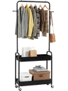 Heavy-duty black laundry cart with hanging rod and two storage baskets, ideal for organizing clothes and accessories.