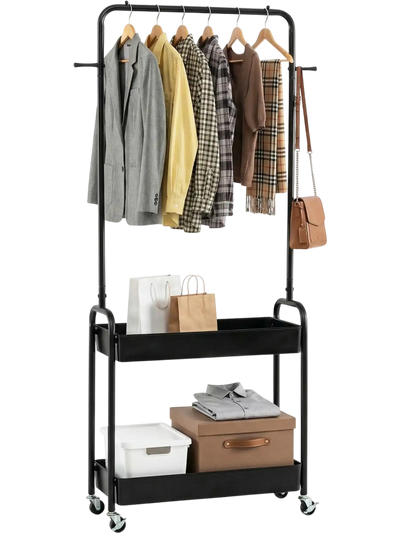 Costway Heavy-Duty Laundry Cart Clothes Rack w/ Hanging Rod & 2 Storage Baskets 74809109 New