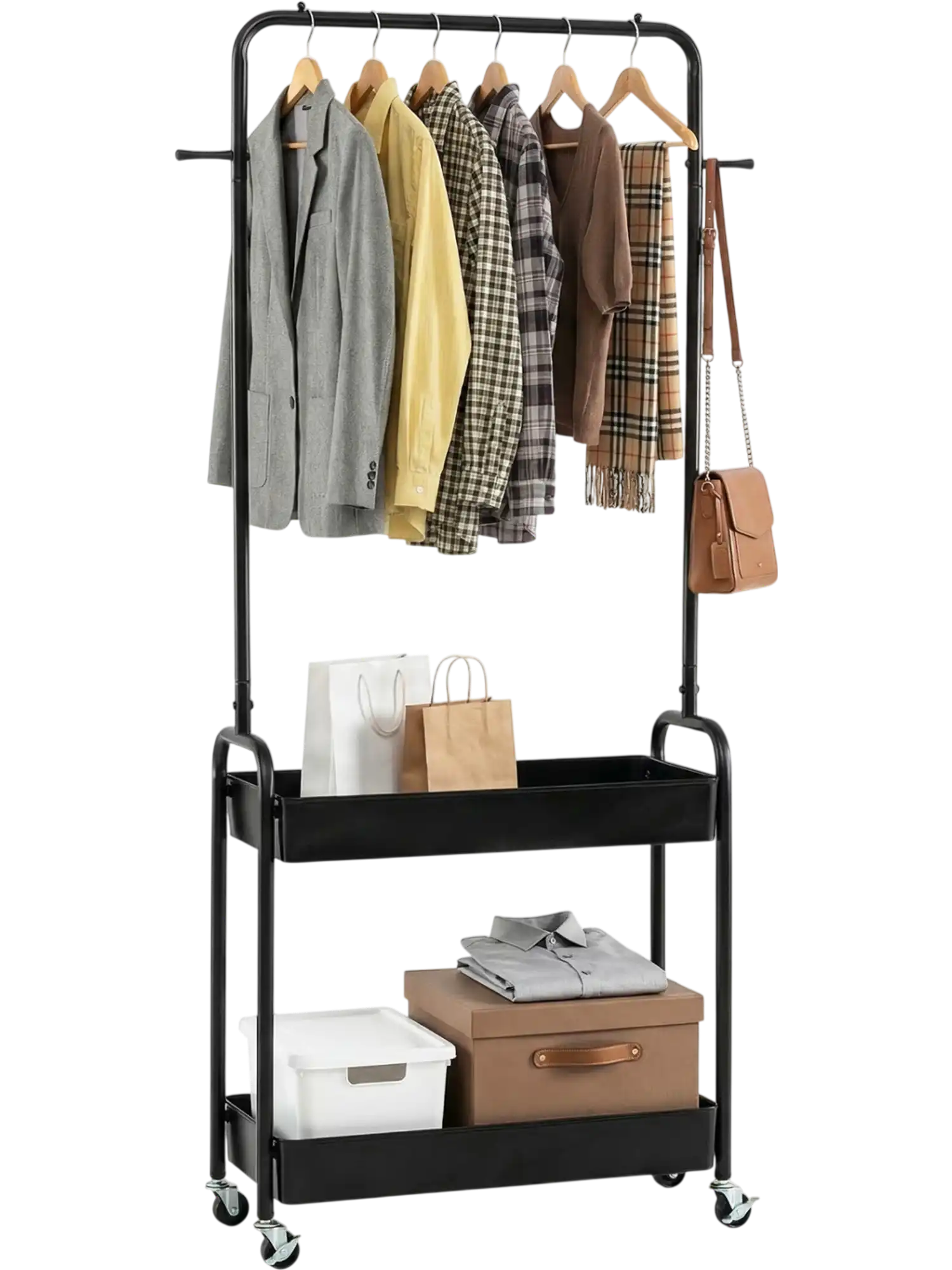 Costway Heavy-Duty Laundry Cart Rolling Clothes Rack w/ Hanging Rod & 2 Storage Baskets 74809109 New