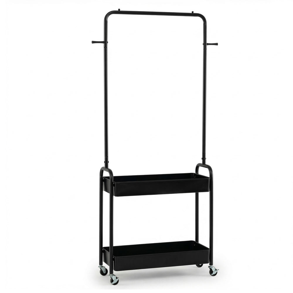 Heavy-duty black laundry cart with hanging rod and two storage baskets, featuring wheels for easy mobility and.
