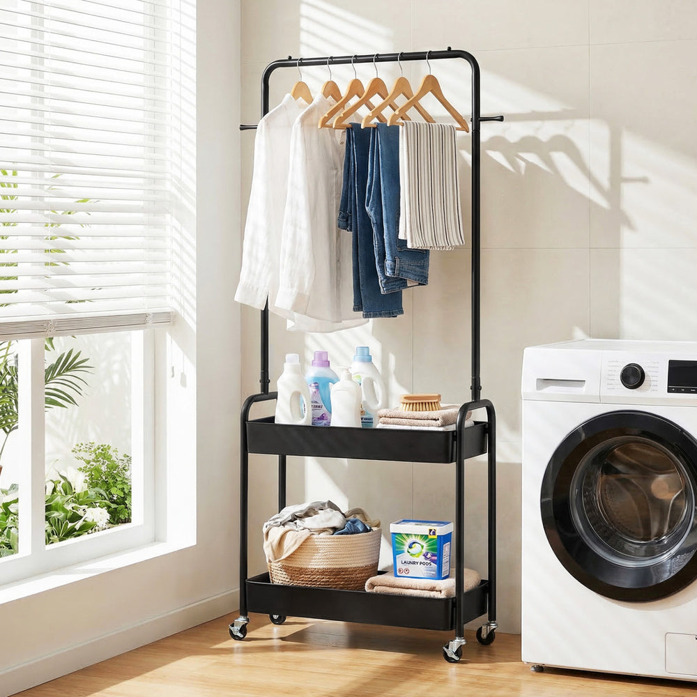 Heavy-duty black laundry cart with hanging rod, two storage baskets, and wheels for easy mobility in laundry rooms.