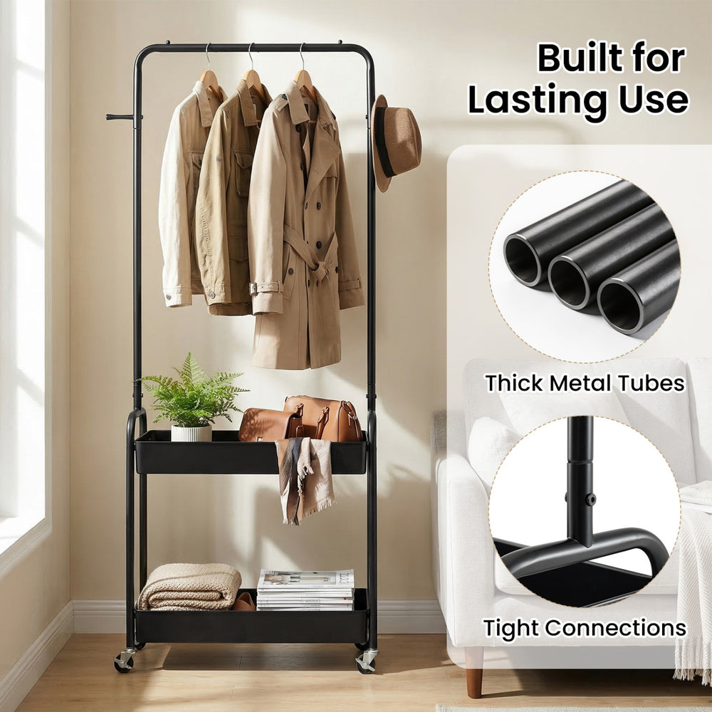 Heavy-duty laundry cart in black with hanging rod, two storage baskets, and wheels for easy movement in bedrooms.