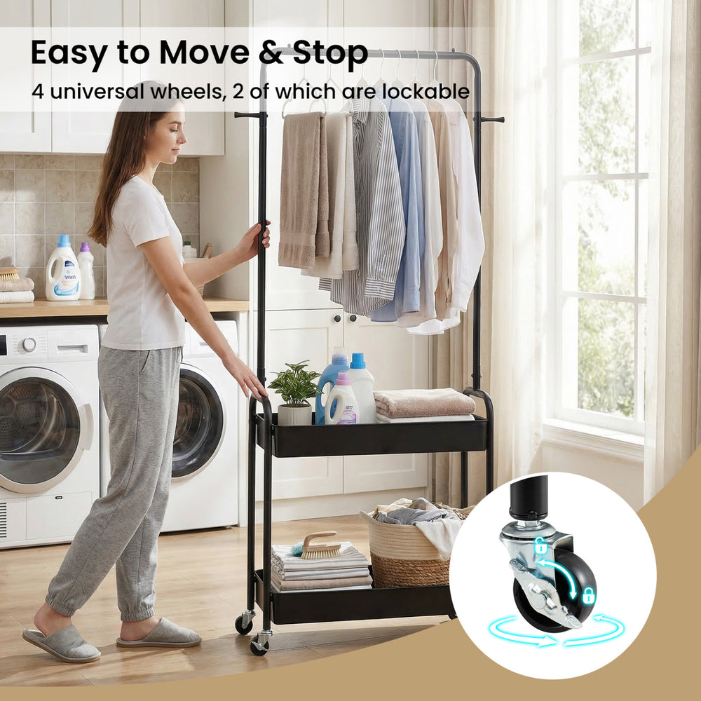 Heavy-duty laundry cart in black with hanging rod, 2 storage baskets, and 4 universal wheels for easy mobility.