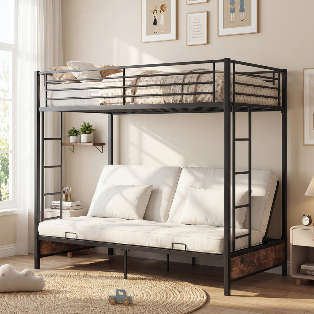 Heavy duty metal bunk bed frame in rustic brown with headboard and footboard, ideal for maximizing space in a bedroom.