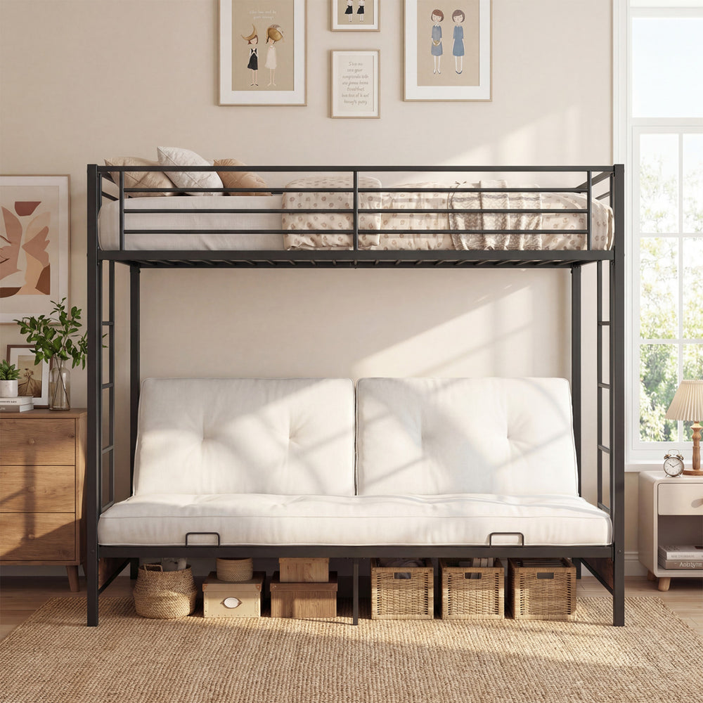 Heavy duty metal bunk bed frame in rustic brown with headboard and footboard, featuring a cozy sofa underneath.