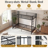 Heavy-duty metal bunk bed frame in rustic brown with headboard, footboard, and sturdy support legs for space-saving.