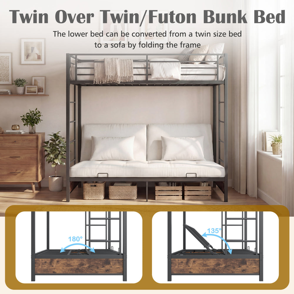 Twin over twin futon bunk bed frame in rustic brown, convertible to a sofa, showcasing the lower bed's folding feature.