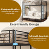 Heavy duty metal bunk bed frame in rustic brown, highlighting integrated ladders and full-length guardrails for safety.