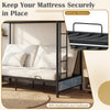 Heavy duty metal bunk bed frame in rustic brown with headboard and footboard, featuring mattress retainers for.