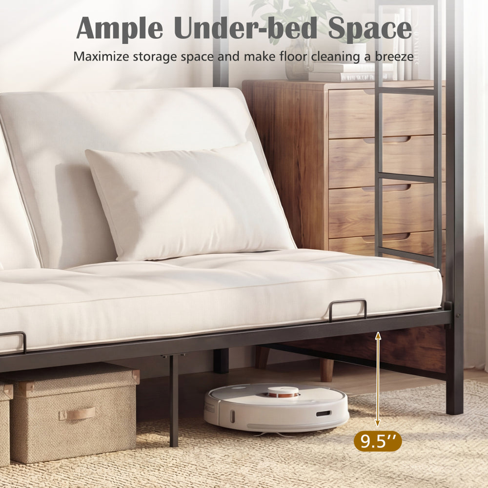 Heavy duty metal bunk bed frame in rustic brown, showcasing under-bed clearance of 9.5 inches for storage convenience.