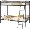 Heavy-duty metal bunk bed in black featuring a triangular ladder, designed for twin-size sleeping and maximizing space.