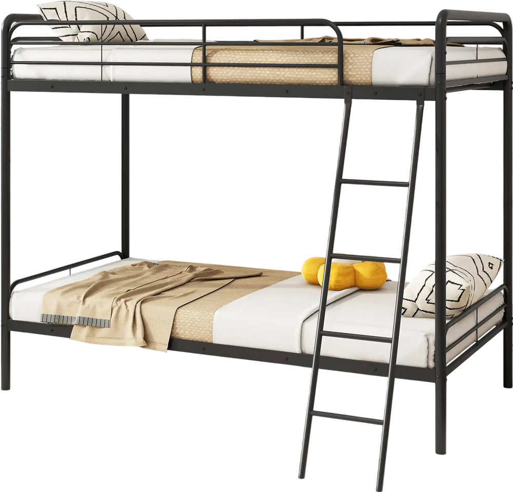 Heavy-duty metal bunk bed in black featuring a triangular ladder, designed for twin-size sleeping and maximizing space.