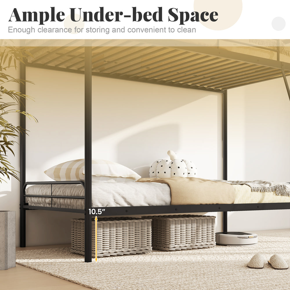 Heavy-duty black metal bunk bed showcasing ample under-bed space for storage and easy cleaning with safety guardrails.