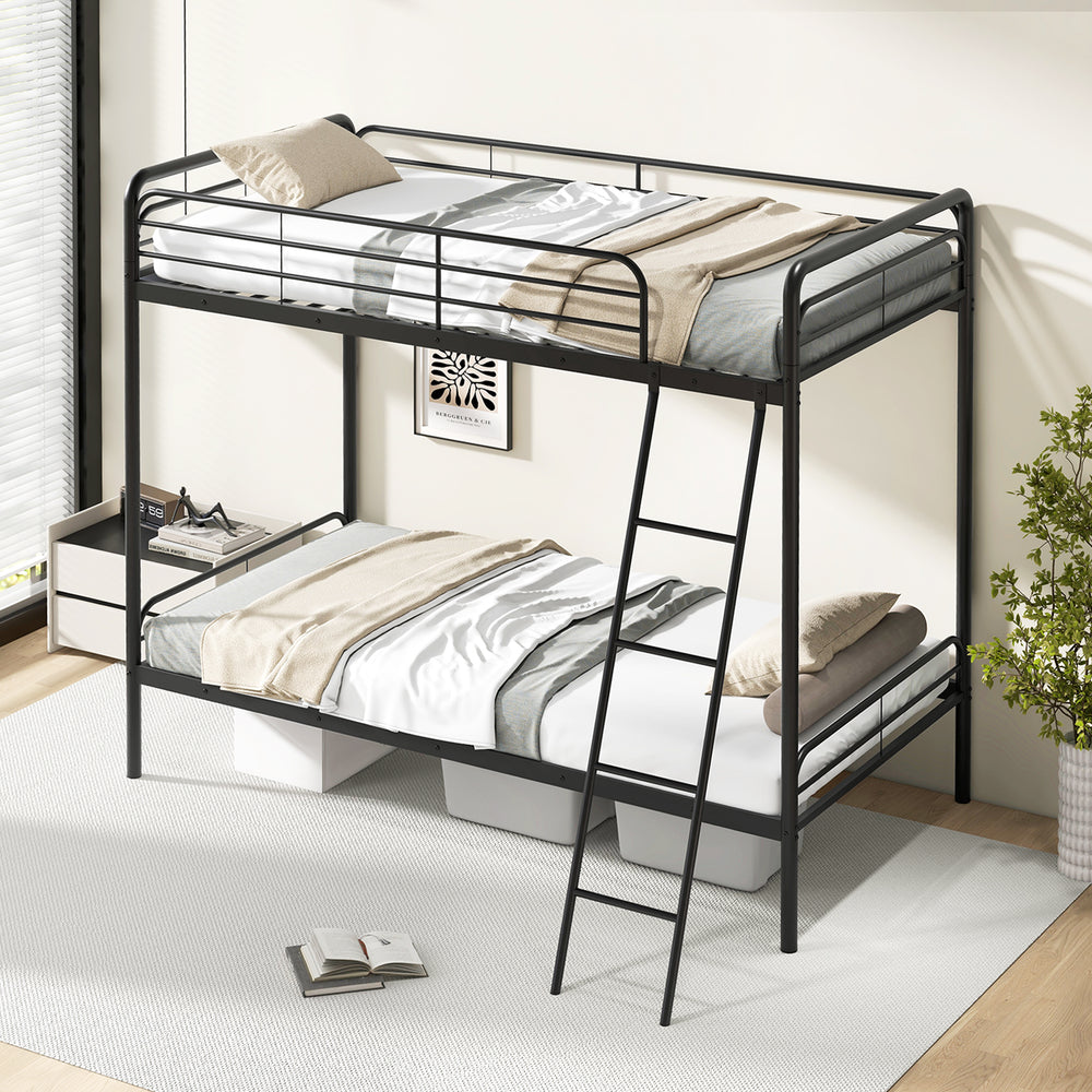 Twin size heavy-duty metal bunk bed in black with firm bolt connections and stable support legs for enhanced durability.