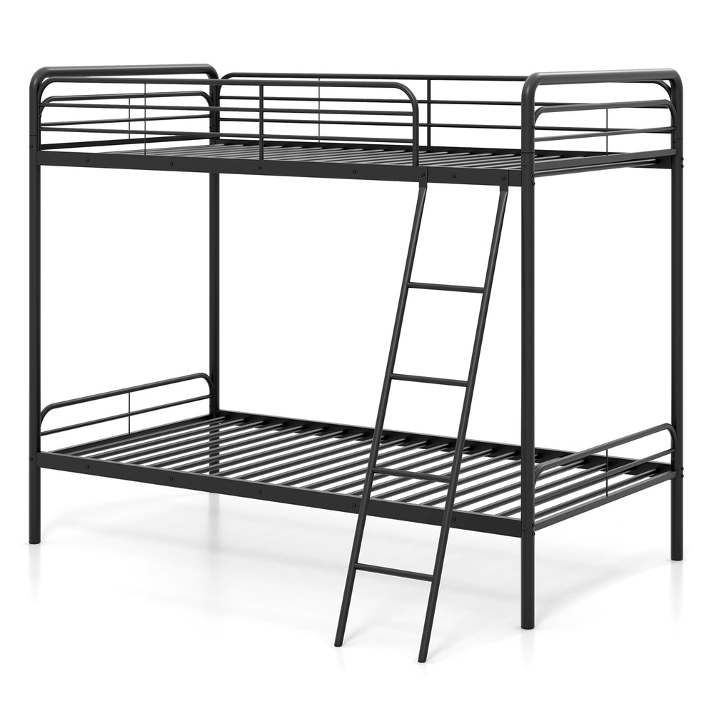 Twin size heavy-duty metal bunk bed in black with ladder and safety guardrails, ideal for kids' rooms or dorms.