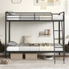 Black heavy-duty metal bunk bed with ladder and safety guardrails, designed for twin size and space-saving.
