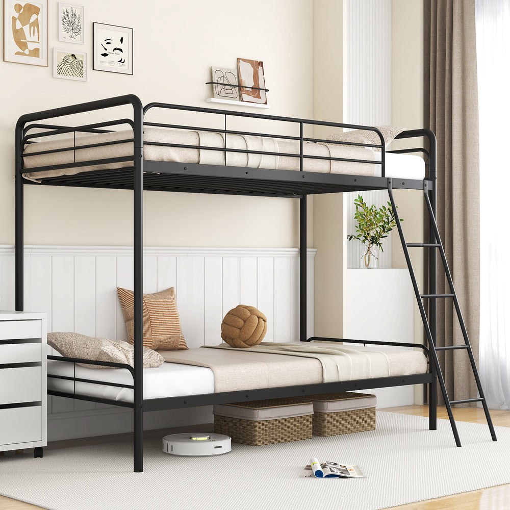 Twin size heavy-duty metal bunk bed in black with ladder and safety guardrails, ideal for youth hotels or dorms.