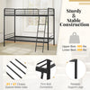 Heavy-duty black metal bunk bed with ladder, safety guardrails, and sturdy slats for twin-size sleeping in youth dorms.