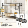 Twin size heavy-duty metal bunk bed in black with triangular ladder and safety guardrails for secure sleeping.