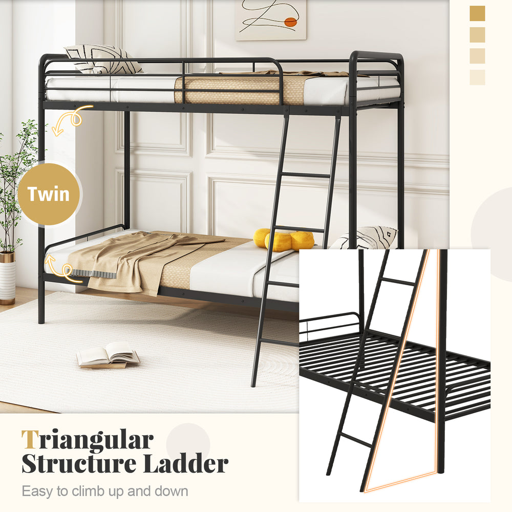 Twin size heavy-duty metal bunk bed in black with triangular ladder and safety guardrails for secure sleeping.