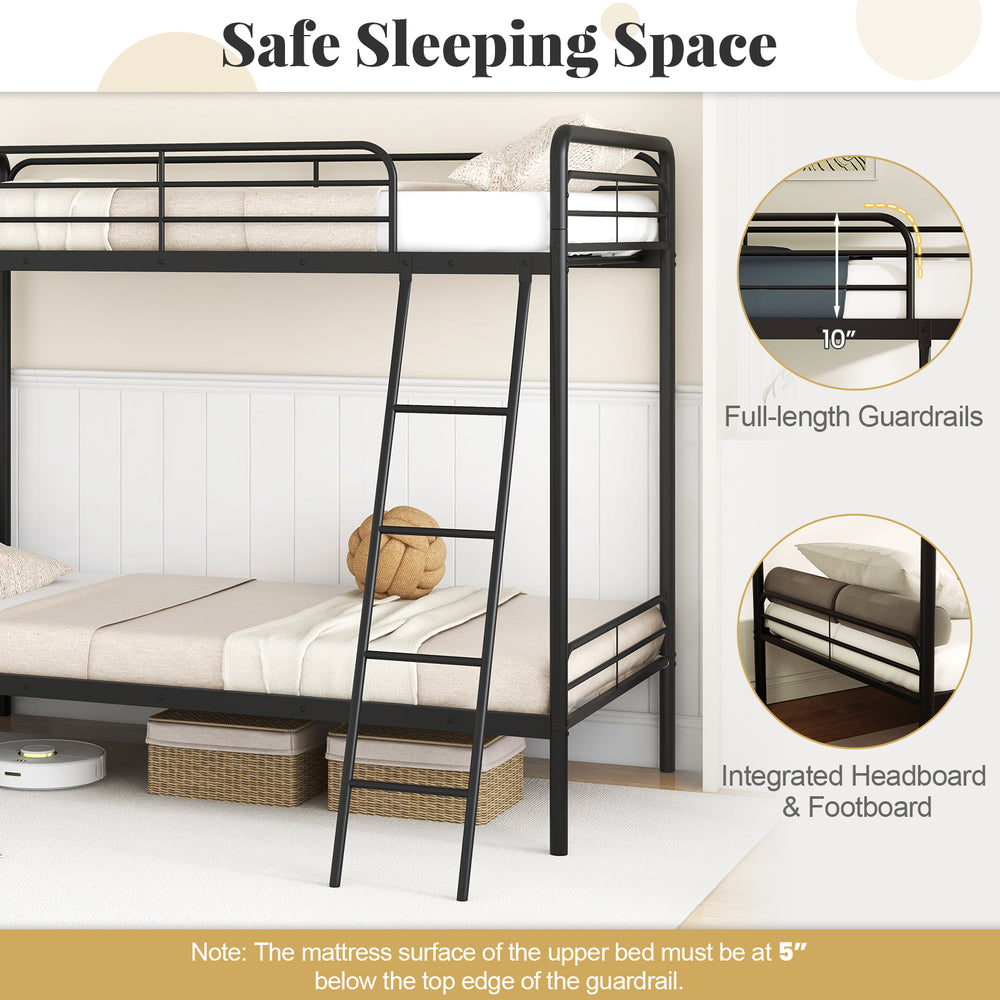 Heavy-duty metal bunk bed in black with full-length guardrails and integrated headboard, perfect for safe sleeping.