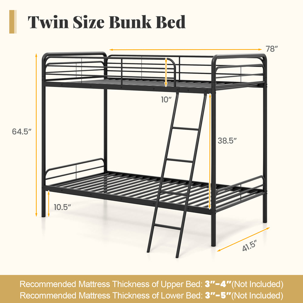 Twin size heavy-duty metal bunk bed in black with ladder, safety guardrails, and integrated headboard for space-saving.