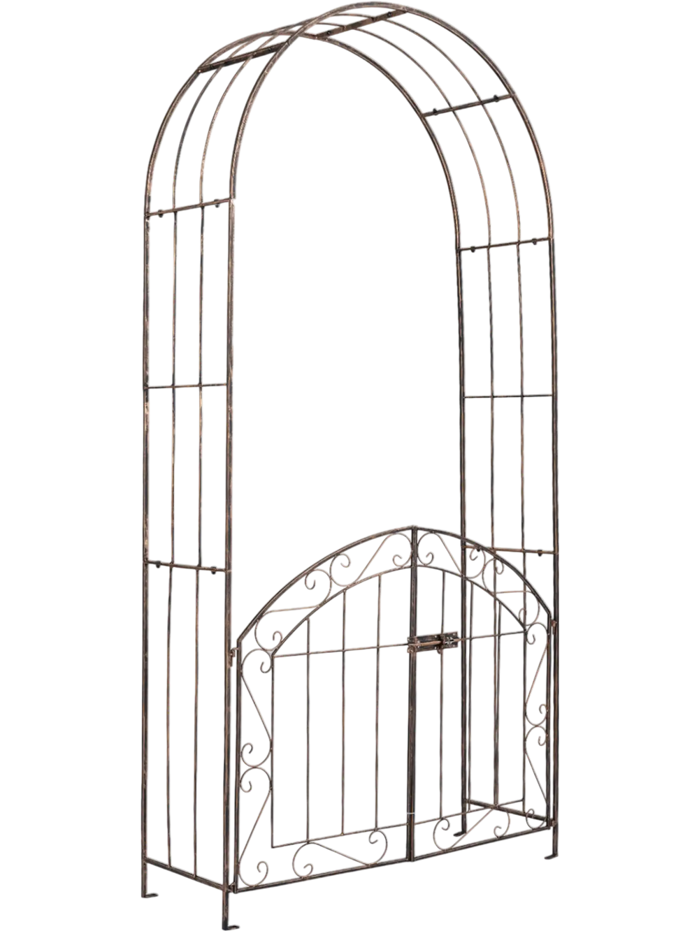 Heavy-duty metal garden arch in bronze with gate, showcasing a classic arched design and decorative pattern details.