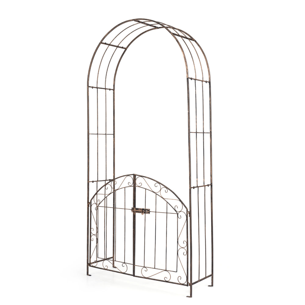 Heavy-duty metal garden arch with gate, bronze finish, designed for climbing plants and outdoor events.