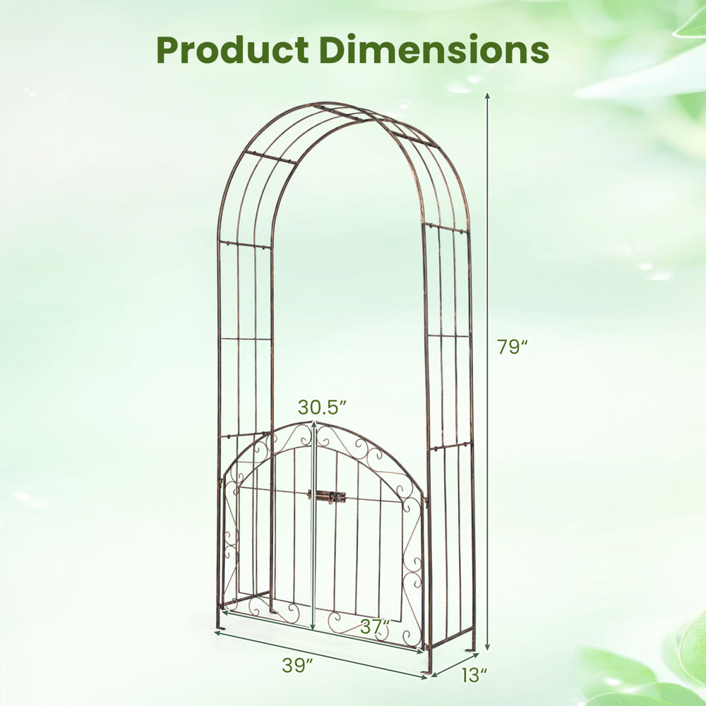 Heavy-duty metal garden arch with gate, featuring a classic design and dimensions of 79" height and 39" width for.