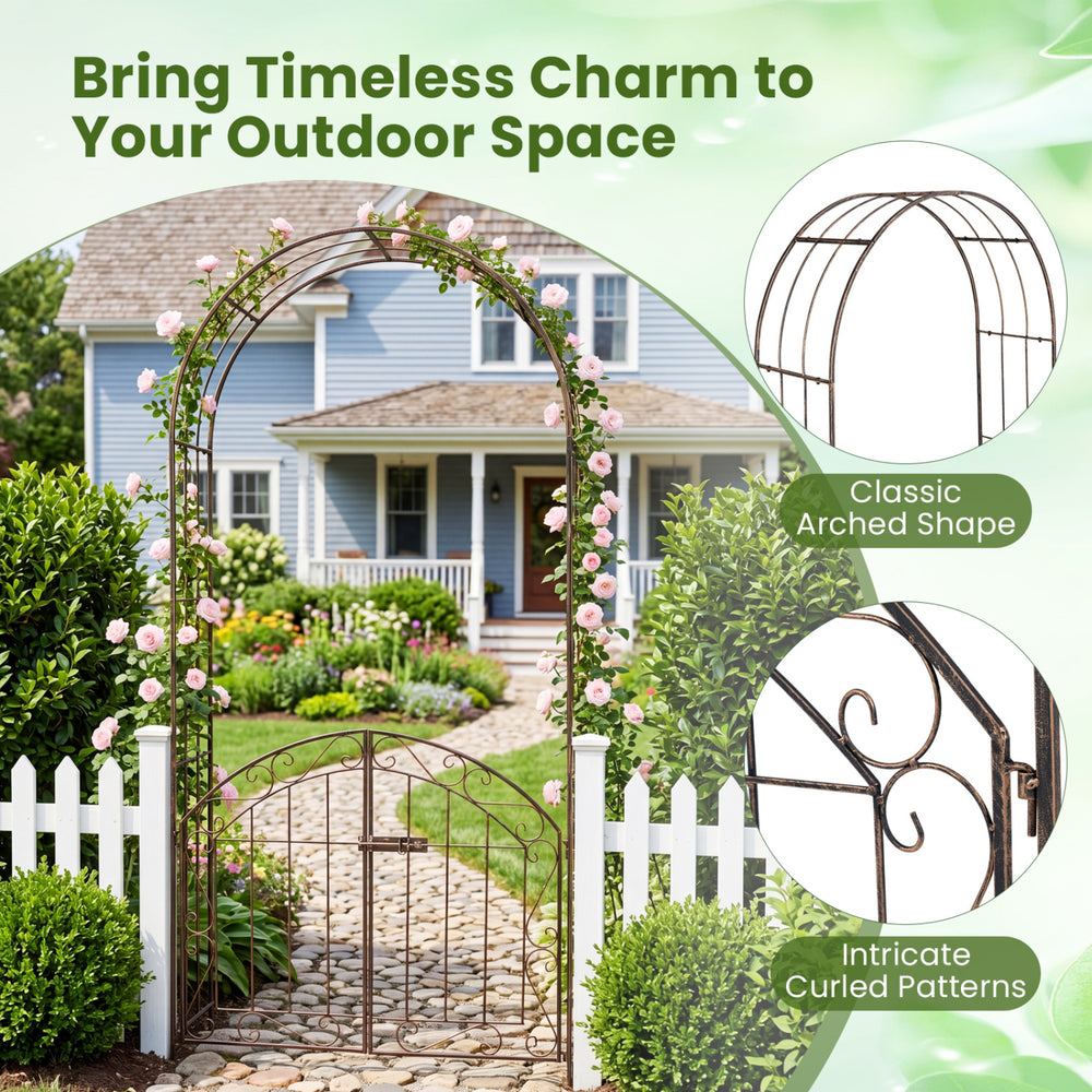 Heavy-duty metal garden arch with gate in bronze, featuring a classic arched shape and intricate curled patterns for.