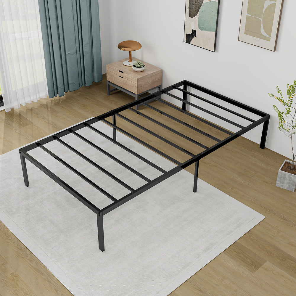 Iron bed frame showcasing a modern design and durable construction, ideal for eliminating the need for a box spring.